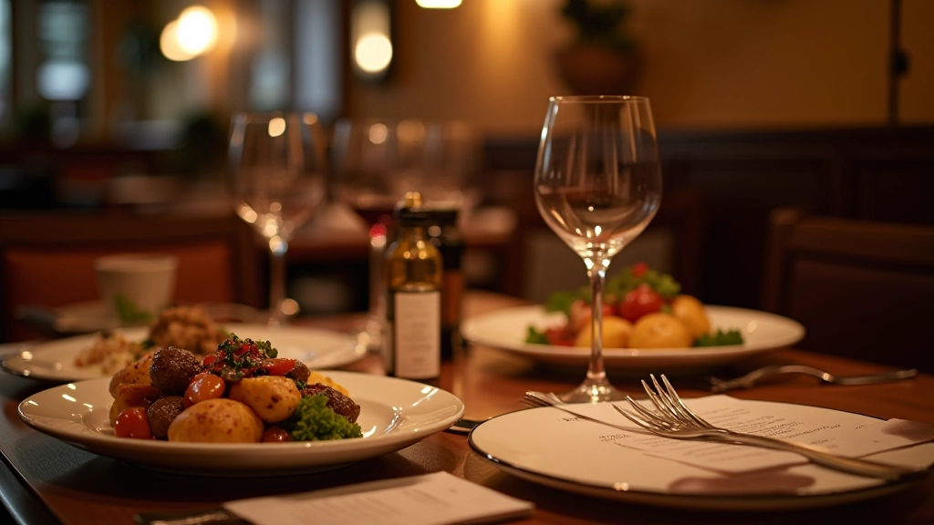 Restaurant-tafel met borden Spaans eten, glas wijn en menukaart, avondlicht