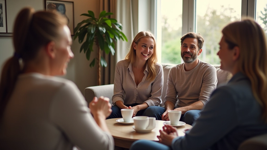 Groep van diverse volwassenen in gesprek in een informele ruimte met koffie