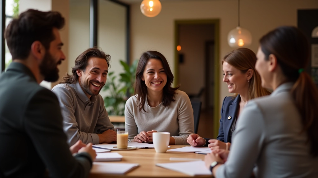 Groep van diverse volwassenen die samen Spaans spreken in informele trainingsruimte met koffie en notebooks