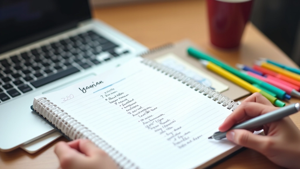 Handgeschreven notities in notitieboekje met Spaanse woorden en zinnen, kleurrijke markers naast laptop