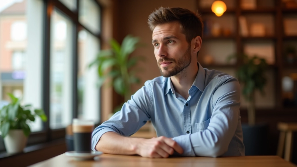 Twee mensen in conversatie aan tafel in casual café setting, relaxed lichaamstaal, natuurlijk licht