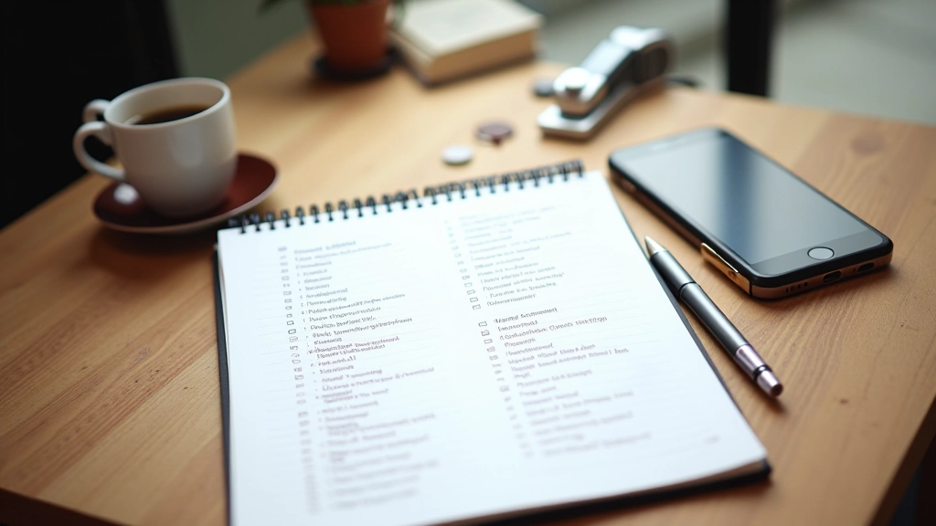 Notitieblok met Spaanse woordenlijsten op houten tafel met kopje koffie