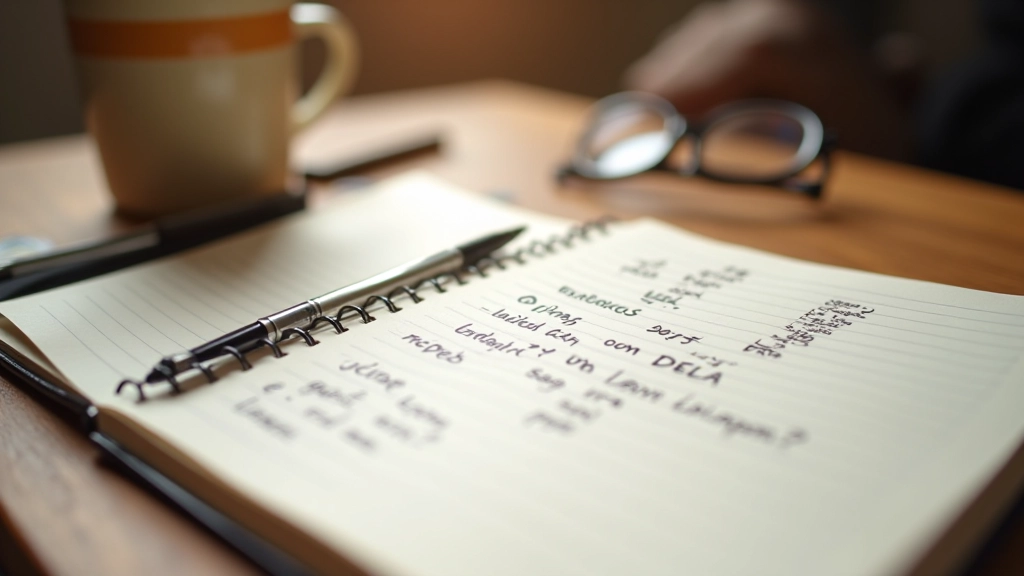 Informeel notitieblok met Spaanse woorden en zinnen geschreven, pen en kopje koffie ernaast