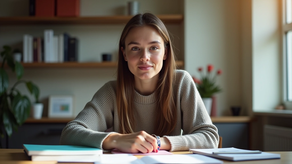 Beginnersstudent aan bureau omringd door flashcards en notitieboeken, gefocuste blik, warme kantoorlighting