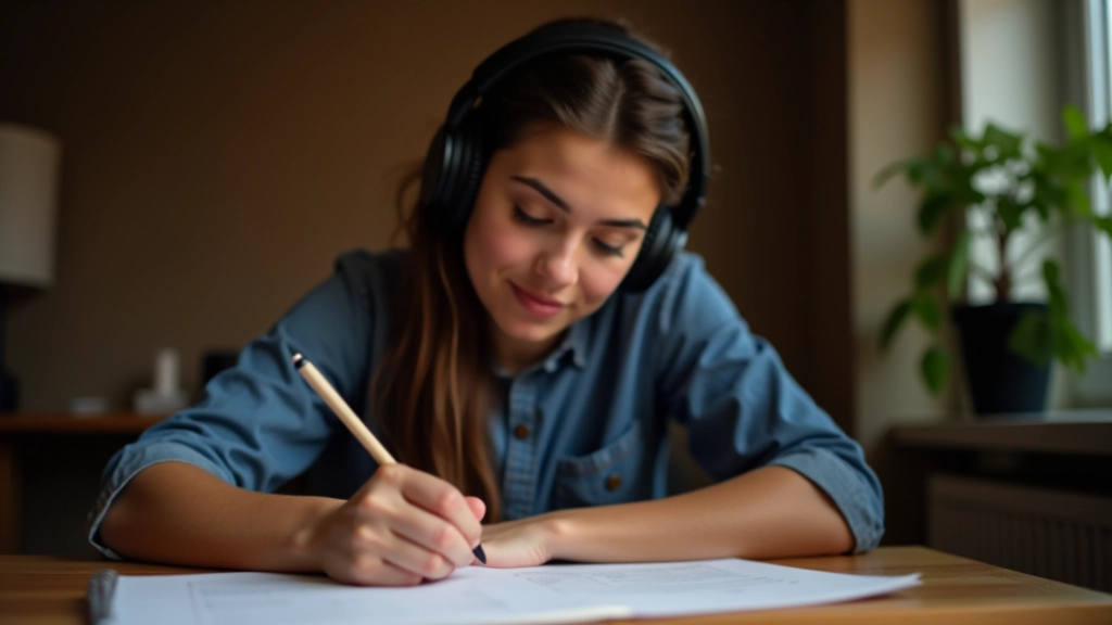 Examenstudent in concentratie aan tafel met koptelefoon en DELE examenblad, geel notitieboek