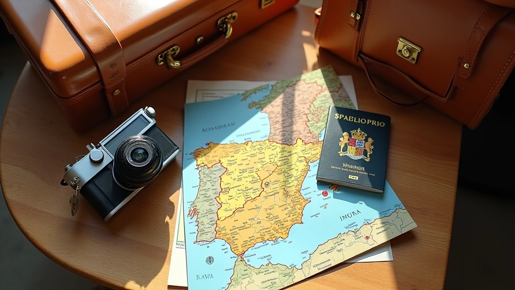 Reispakket met paspoort, kaart van Spanje en reisgids op reistafeltje