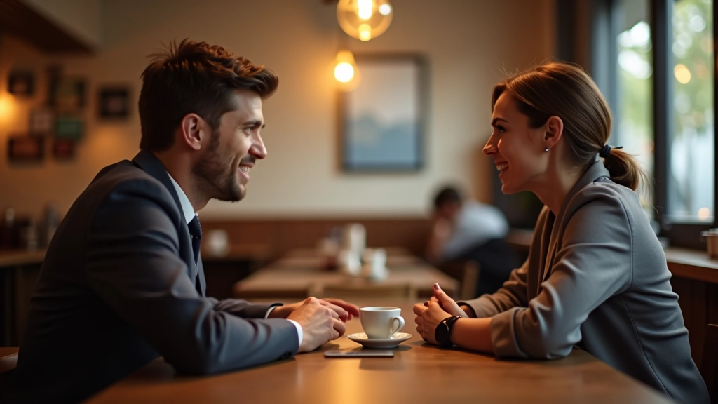 Close-up van twee mensen die aan een tafel in gesprek zijn, kopjes thee en notitieboekje zichtbaar