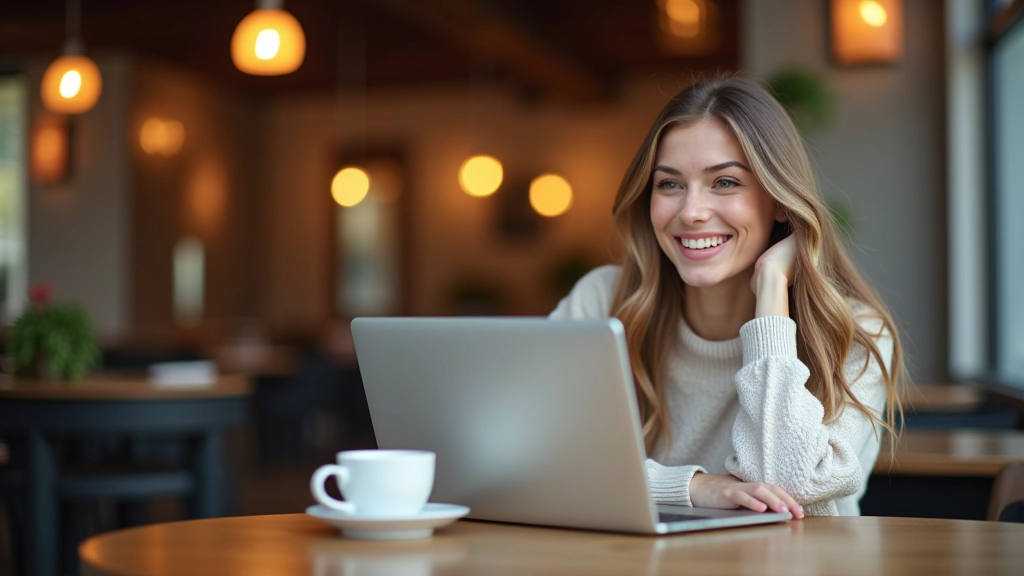 Studente in coffeeshop aan tafel met laptop en koffie, glimlachend terwijl ze naar scherm kijkt, gezellige sfeer