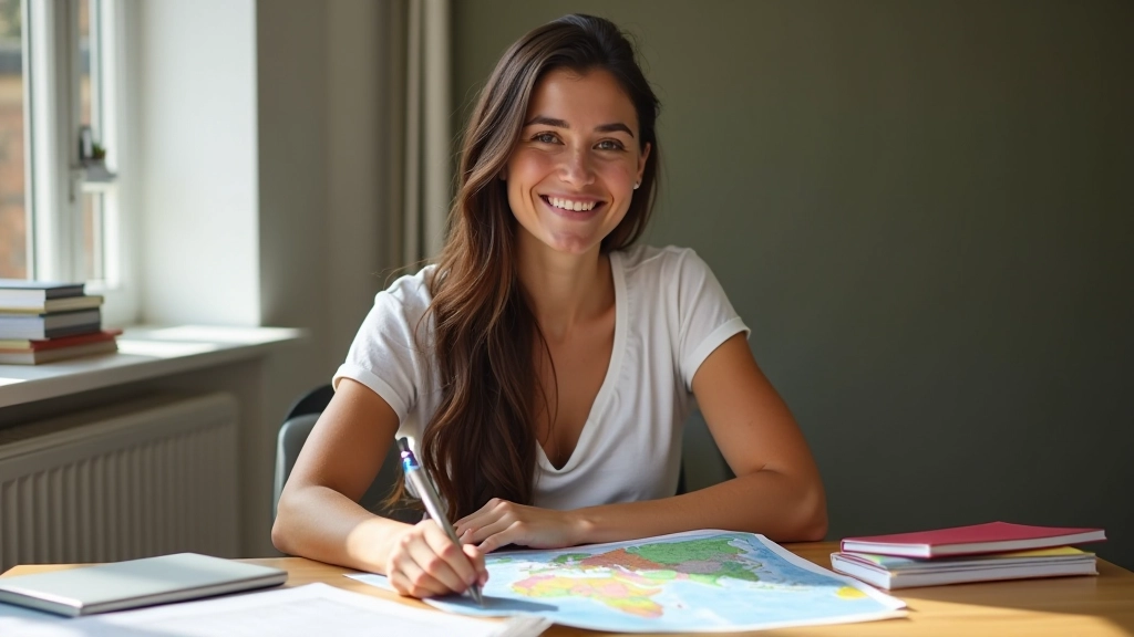 Vrouw met reiskaart en pen, planningskamer met kleurrijke notitieblokken op houten bureau