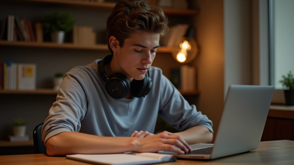 Jongvolwassene aan tafel met Spaanse leerboek en digitale notities